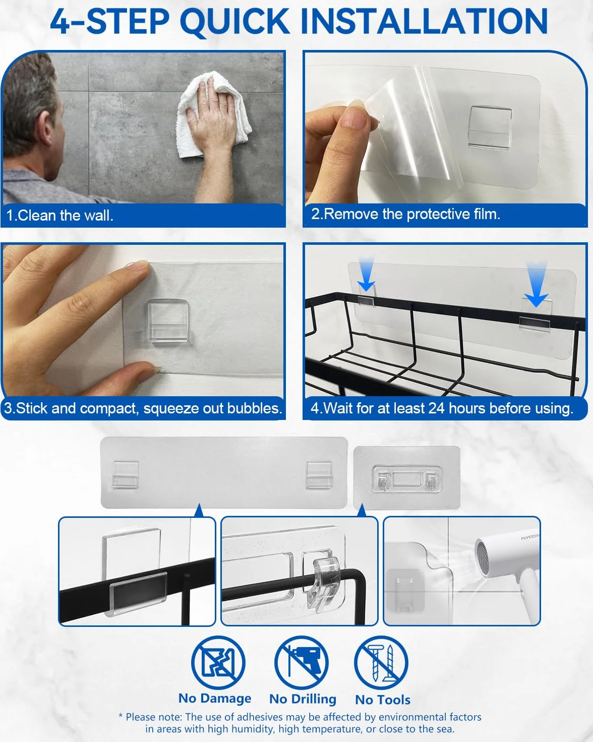 AceMining Estanteria Baño 4 Pack Negro Organizador Pared Adhesivo Estante Ducha Almacenaje con Gancho