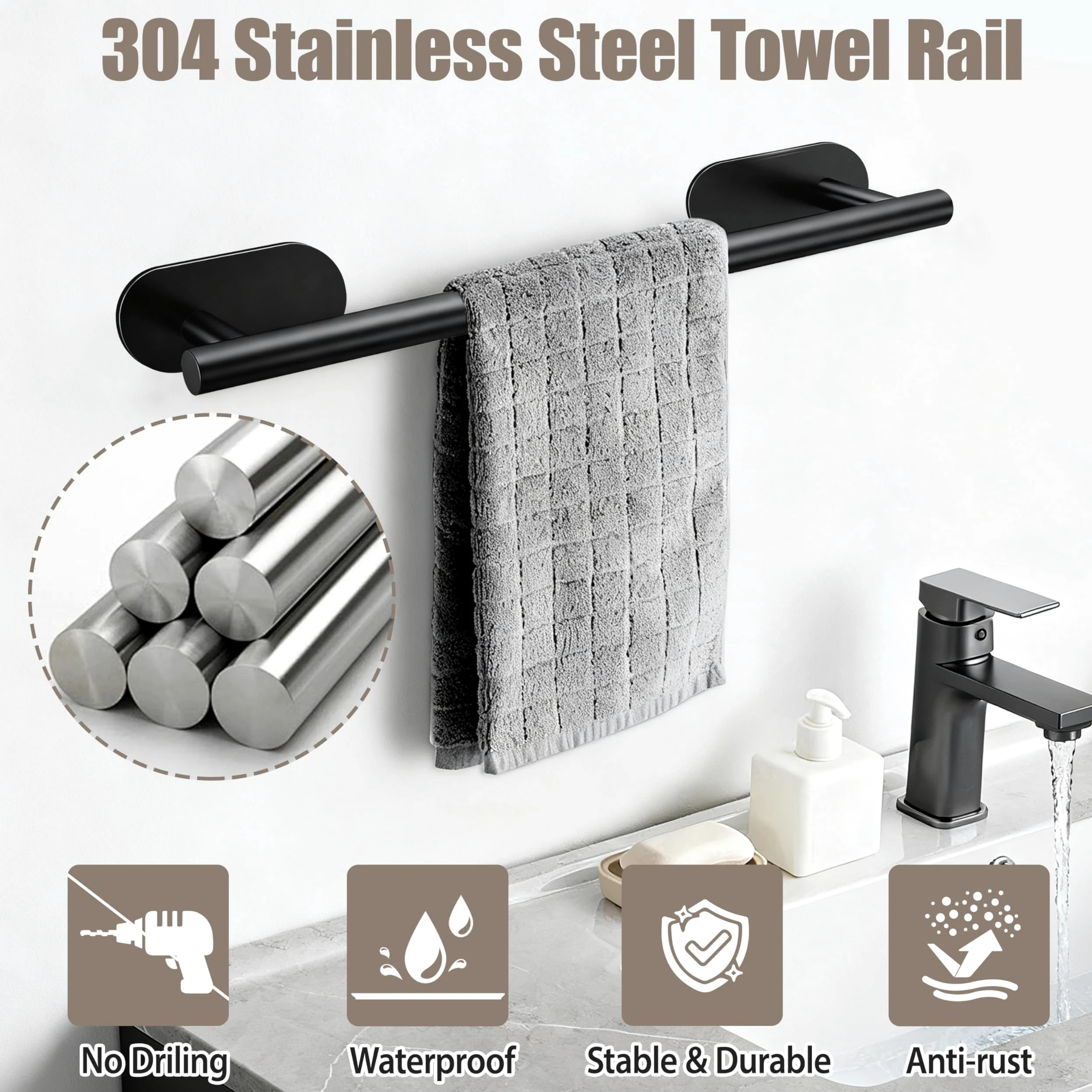 Toalleros de Baño Sin Taladro 8PCS Juego de Herrajes de Baño de Acero Inoxidable Gancho para Toallas Portarrollos para Papel para Baño y Cocina (Negro)