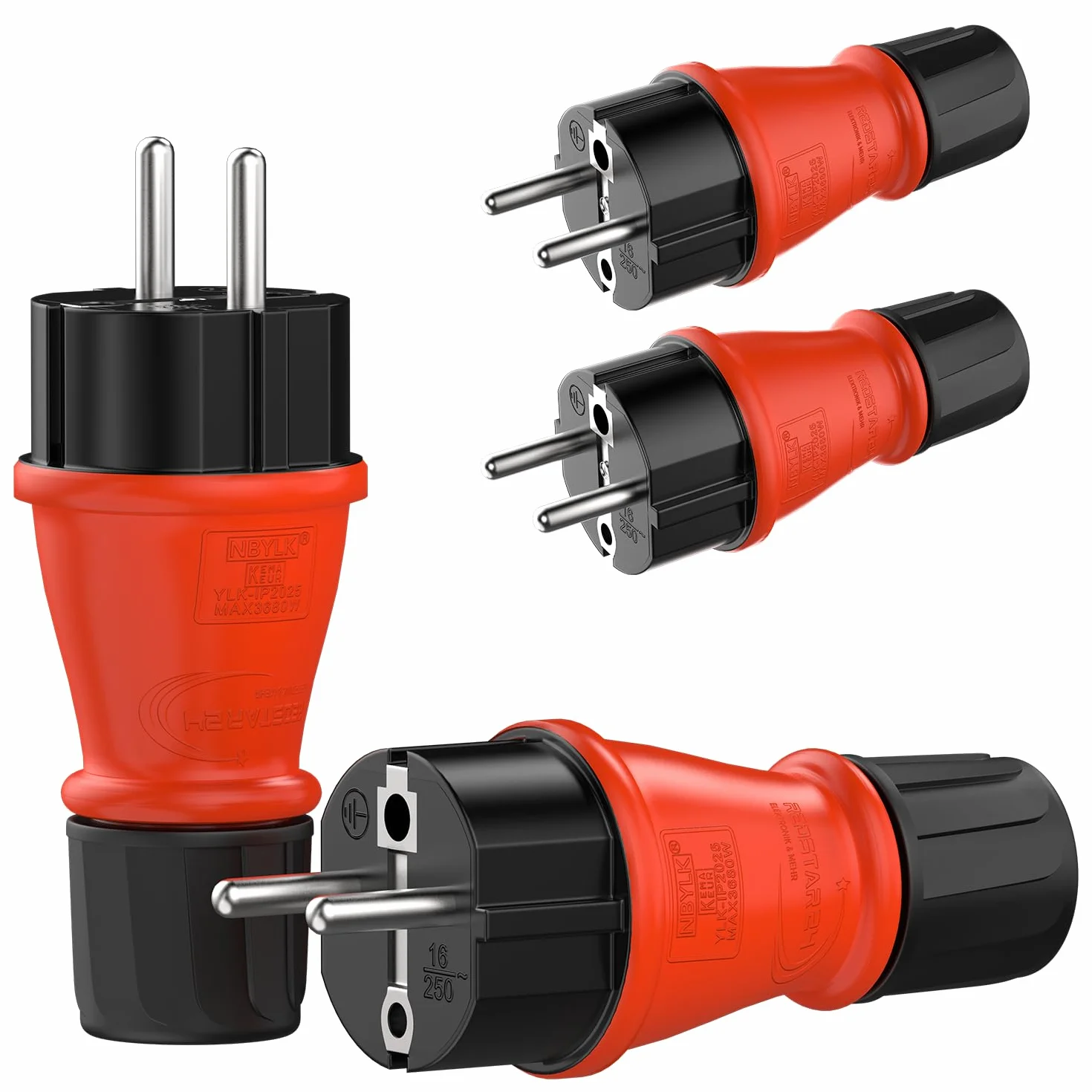 RedStar24 Enchufe Schuko 230V IP54 Set de 4 Conectores de protección robustos de goma y plástico, negro rojo