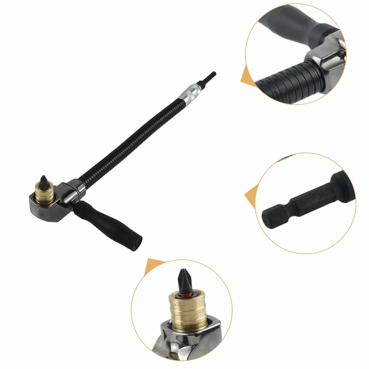 Taladro eléctrico de 90 grados con portabrocas de ángulo recto y varilla de extensión de eje flexible para carpintería, renovación del hogar y espacios reducidos.