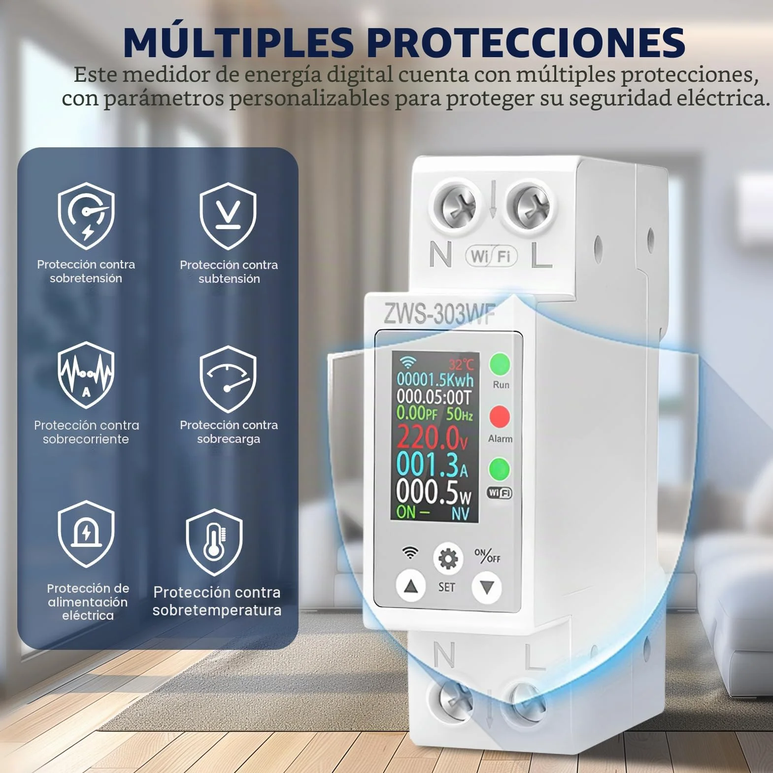 Medidor de Consumo Electrico WiFi Contador Electrico Carril Din AC 80-300V/63A Medidor Consumo Electrico Multifuncional Pantalla Digital Sobretemperatura Sobrecarga de Corriente Sobrecarga