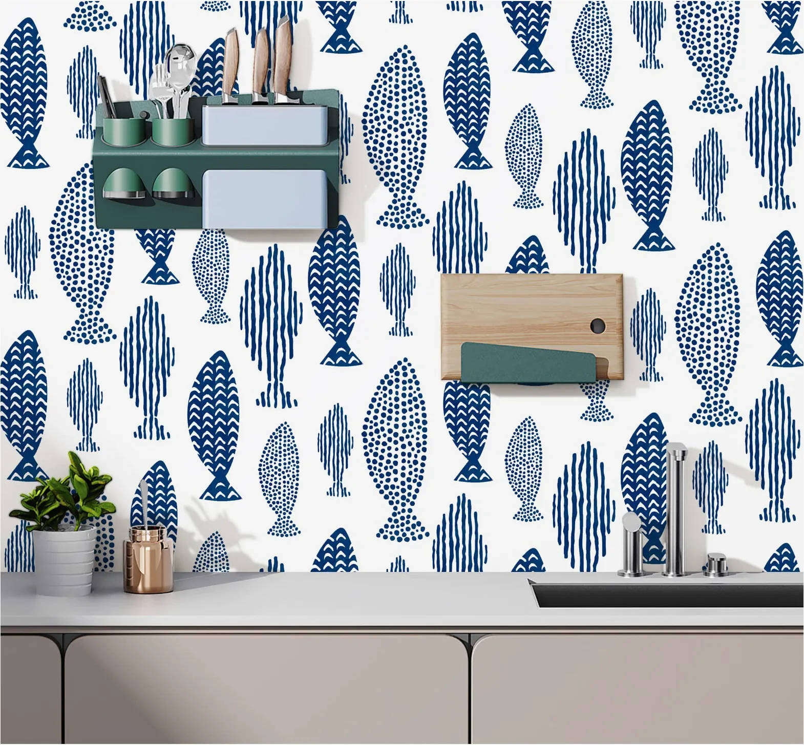 Papel Pintado Peces, 44.5 x 1000 cm Papel Pintado Trellis de peces del mundo submarino abstracto Indigo Blue Vinilo Adhesivo para Muebles,Libreria,Sala de Estar, Dormitorio,Baño,Cocina