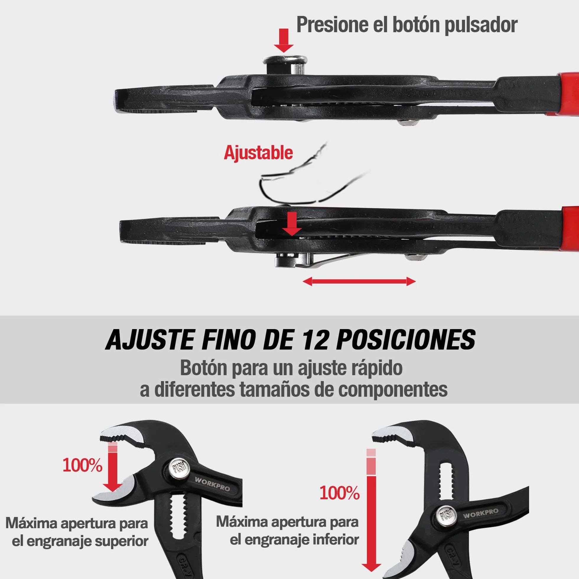 WORKPRO - Pinzas para bomba de agua de 180 mm y 250 mm, asas de manguera ajustables rápidas, conjunto de pinzas de junta deslizante con gran capacidad de mandíbula y mango antideslizante