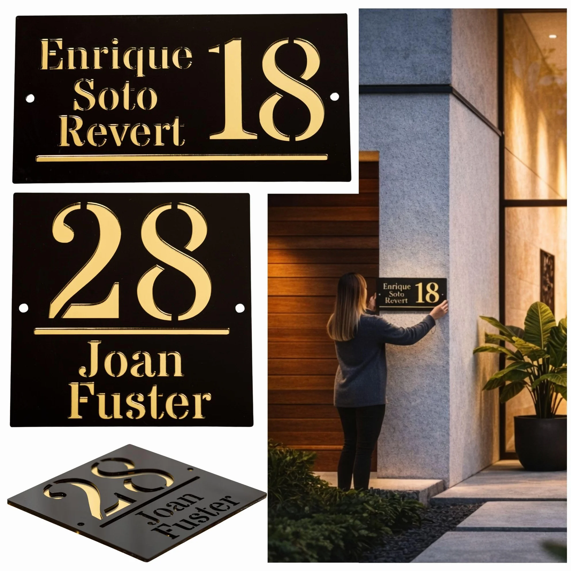 Número de Casa Personalizado con Nombre Placa Exterior Moderna en Metacrilato Negro y Oro – Letrero Dirección Casa Regalo Casa Nueva para Familia Placa Decorativa Olesea
