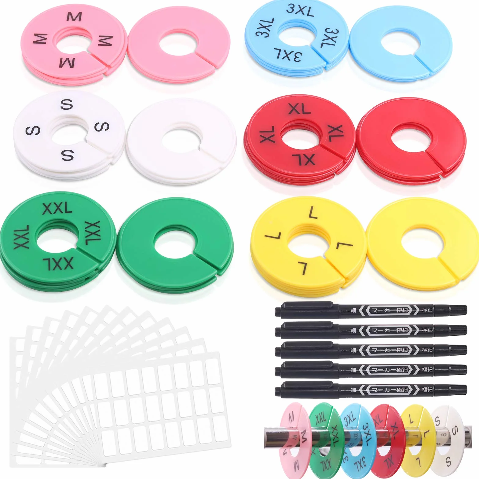 54 separadores de tamaño de ropa, tamaño redondo y divisor en blanco para perchero de ropa, kit surtido de codificación de colores, incluye separadores de tamaño de armario S-XXXL y