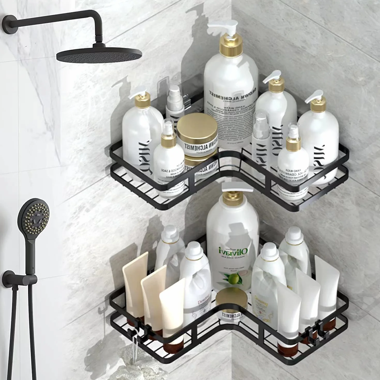 Estanteria De Esquina Para Ducha Sin Taladros Rinconera 2 Piezas Con 4 Ganchos Accesorios De Baño