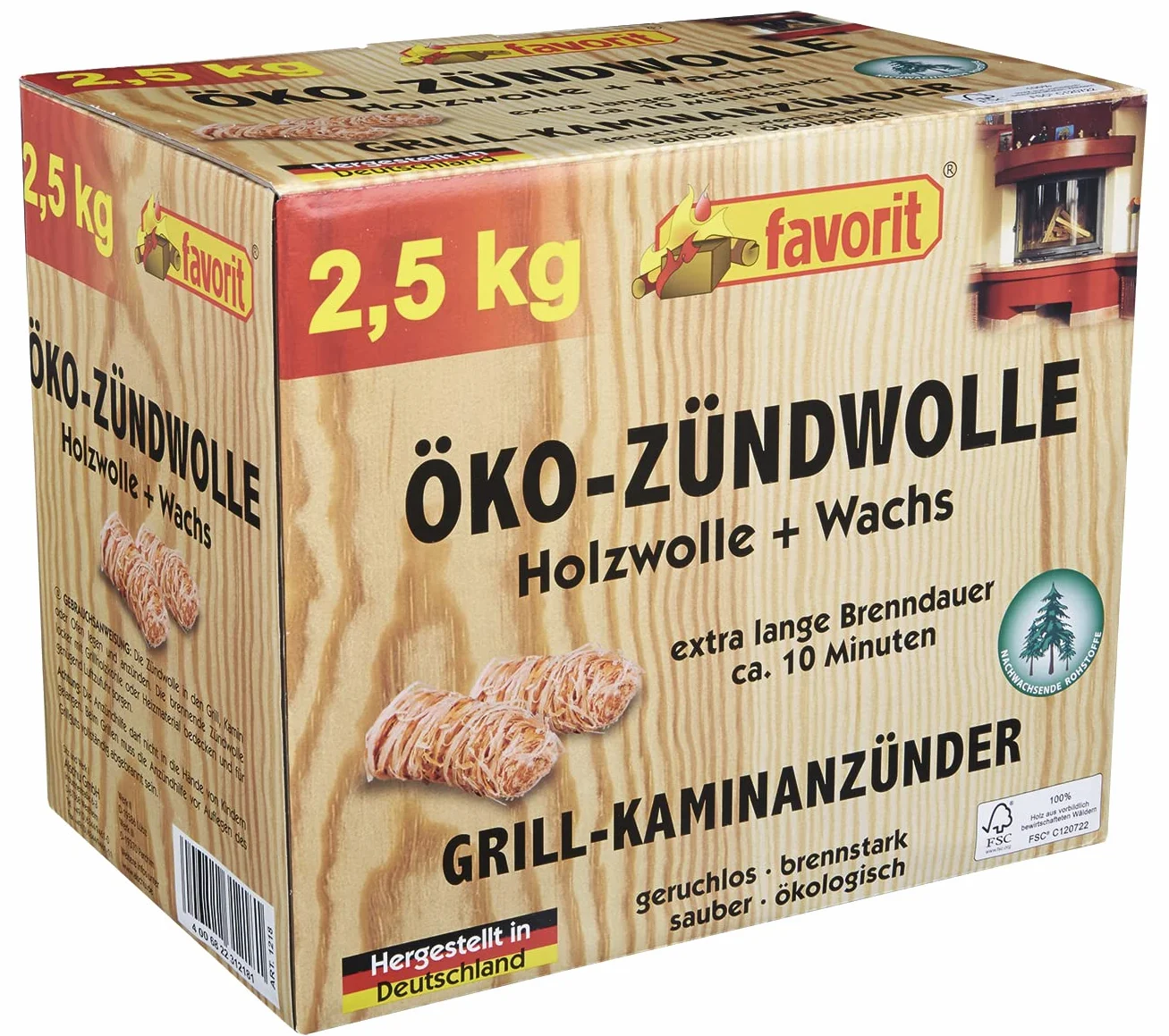 Favorit Lana de Encendido ecológica, 2,5 kg, en Caja Plegable resellable de Madera Natural y Cera, 1218