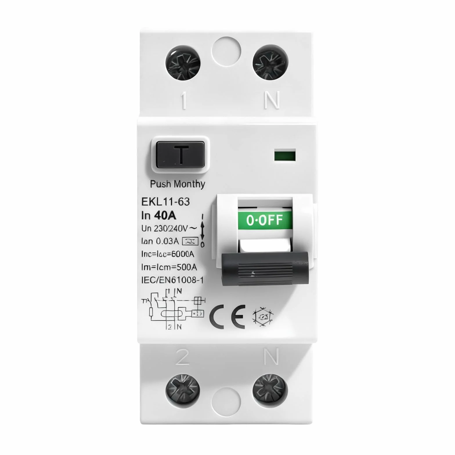 Disyuntor magnetotermico 40A 30mA tipoA Interruptor diferencial 2P RCCB disyuntor diferencial AC230V interruptor de corriente residual Protección contra fugas eléctricas EKL11-63