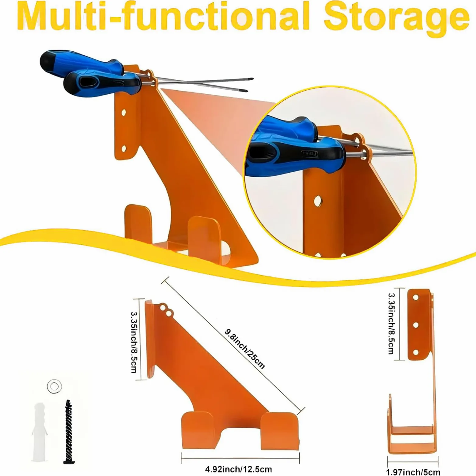 Soporte de pared para motosierra (juego de 2) – Soporte de hierro resistente hasta 68 kg, con protección de goma para asas, montaje horizontal/vertical, para garaje y taller (naranja)