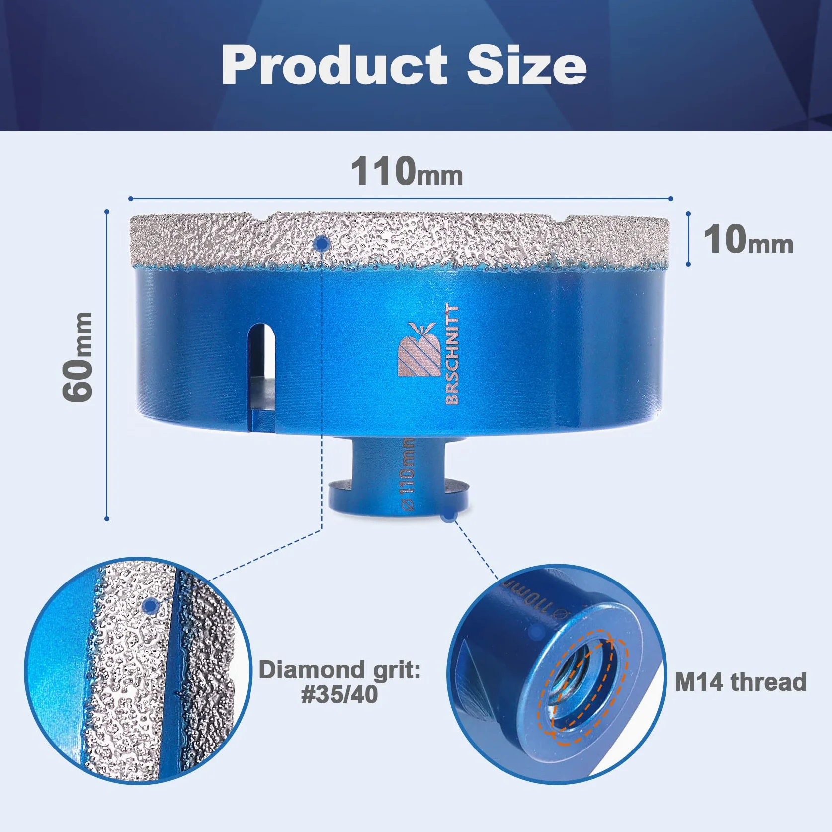 Broca de Diamante 110MM - BRSCHNITT Vacío Soldadura para Perforación en Seco Porcelana Azulejo Granito Mármol M14