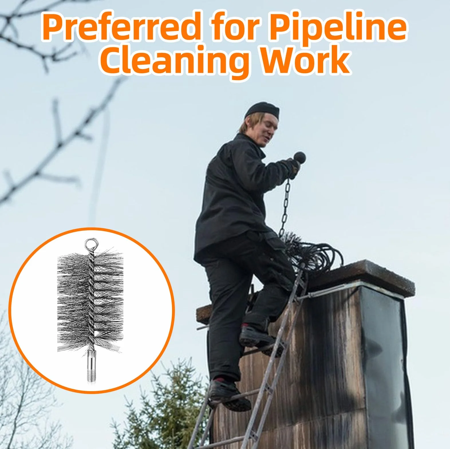 Cepillo para Tubos de Estufa, Deshollinador de Chimeneas, 30/50/80/150mm Chimney Brush and 1m Pipe Ideal para Limpiar Tuberías y Eliminar óxido