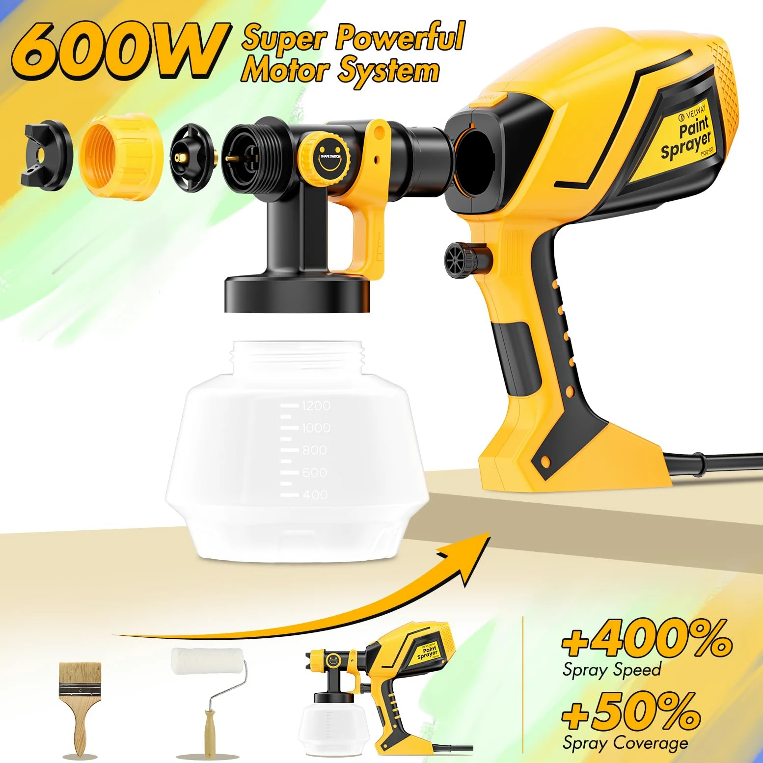 Velway Pistola de Pintura, 600W HVLP Pulverizador de Pintura Electrica con Contenedor de 1200ml, 5 Boquillas y 3 Patrones, Ideal para Muebles, Vallas, Paredes, Armarios, Bricolaje, Techos, Jardín