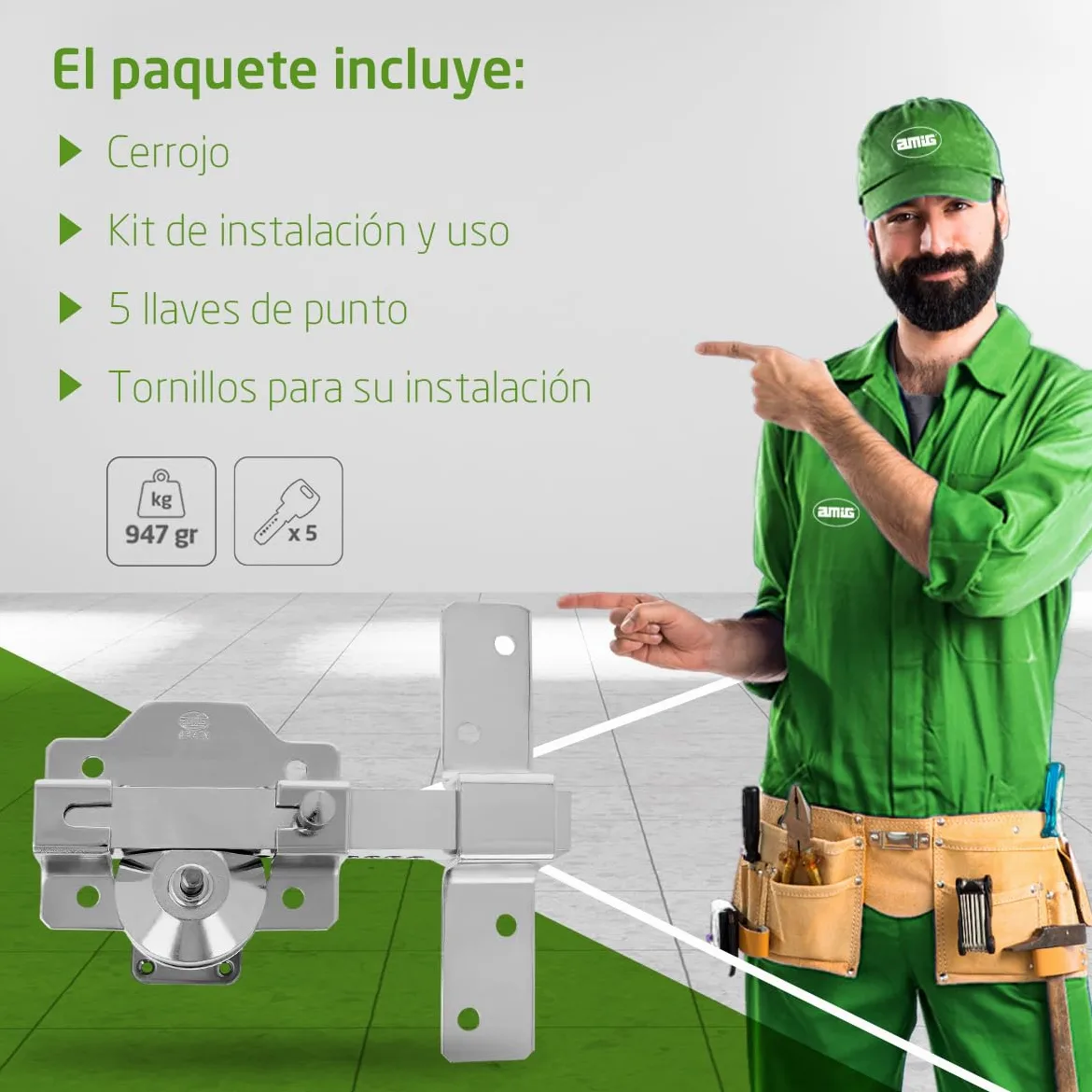 Amig - Cerrojo de Sobreponer para Puertas con Cilindro de Seguridad y Pestillo de Apertura - Acero - Color Plateado - Cilindro 70 mm - Incluye 5 Llaves de Punto - 88 x 153 mm