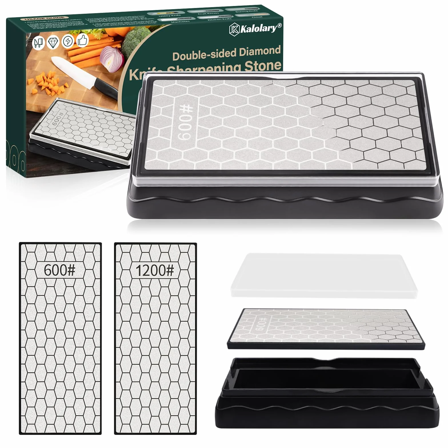 Piedra Afilar Diamante Doble cara, Kalolary Afilador Cuchillos Piedra Afilar Placa Superficie Panal con Base Antideslizante Tijeras Cuchillos Herramientas Afilado Cocina (Grano 600/1200, 150 x 63 mm)