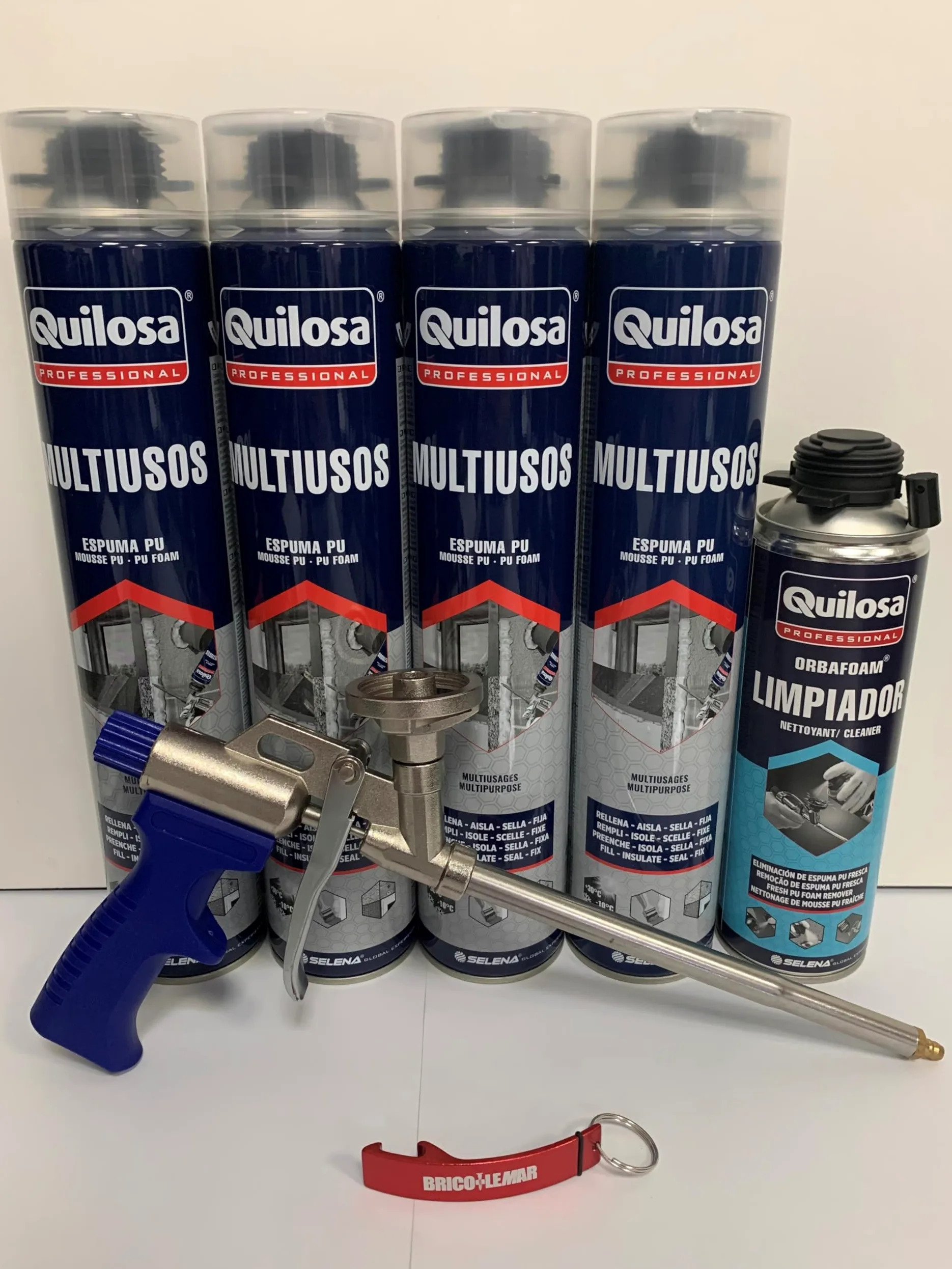 Kit 4 cartuchos Espuma Poliuretano Multiusos Quilosa+ Pistola + limpiador + Llaver Bricolemar