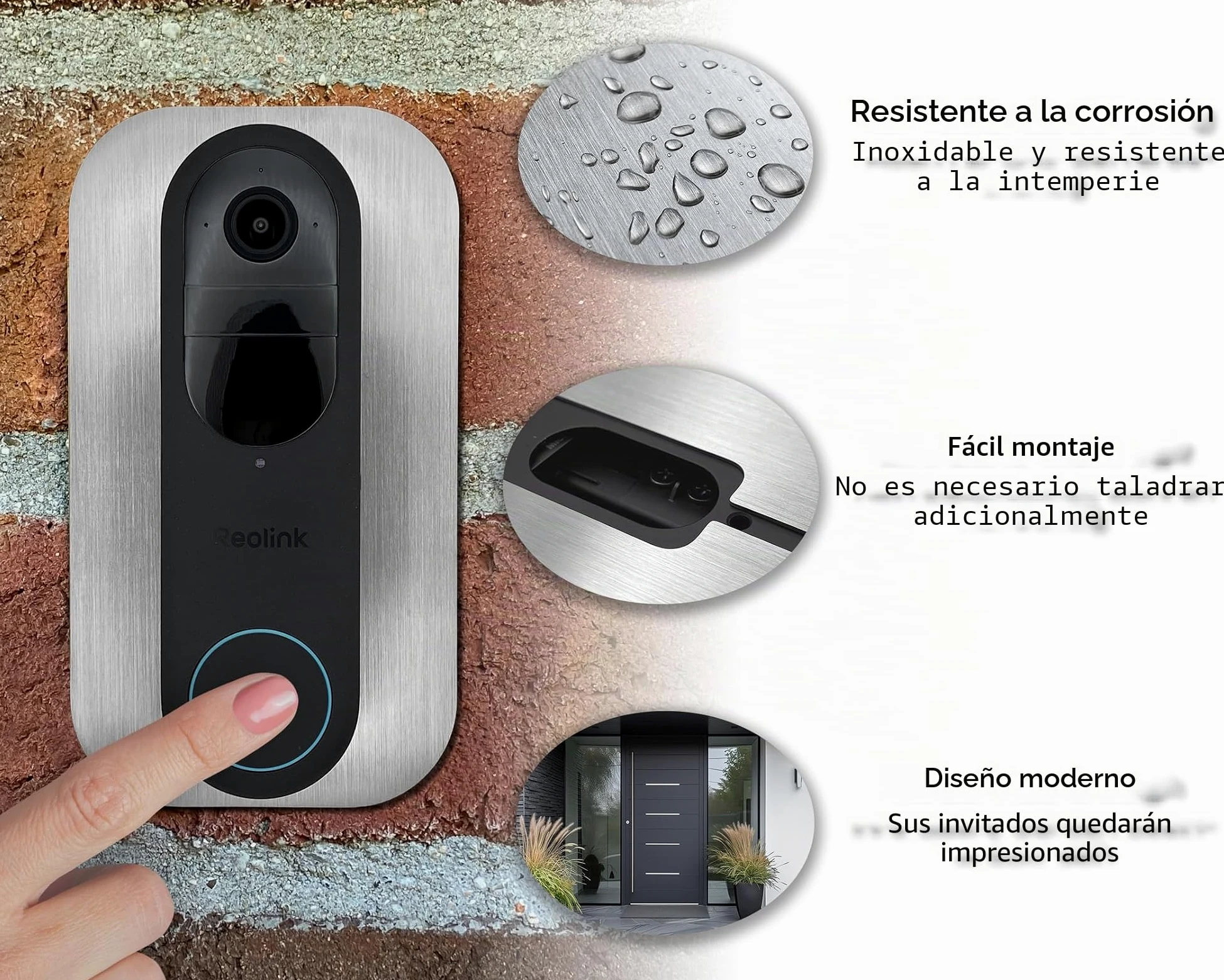 bisel de acero inoxidable | Accesorios para timbre de puerta Reolink | Battery, 5MP, Ultra HD, 2K, 4MP, WiFi, PoE, batería | Soporte, escudo, placa para timbre inalámbrico