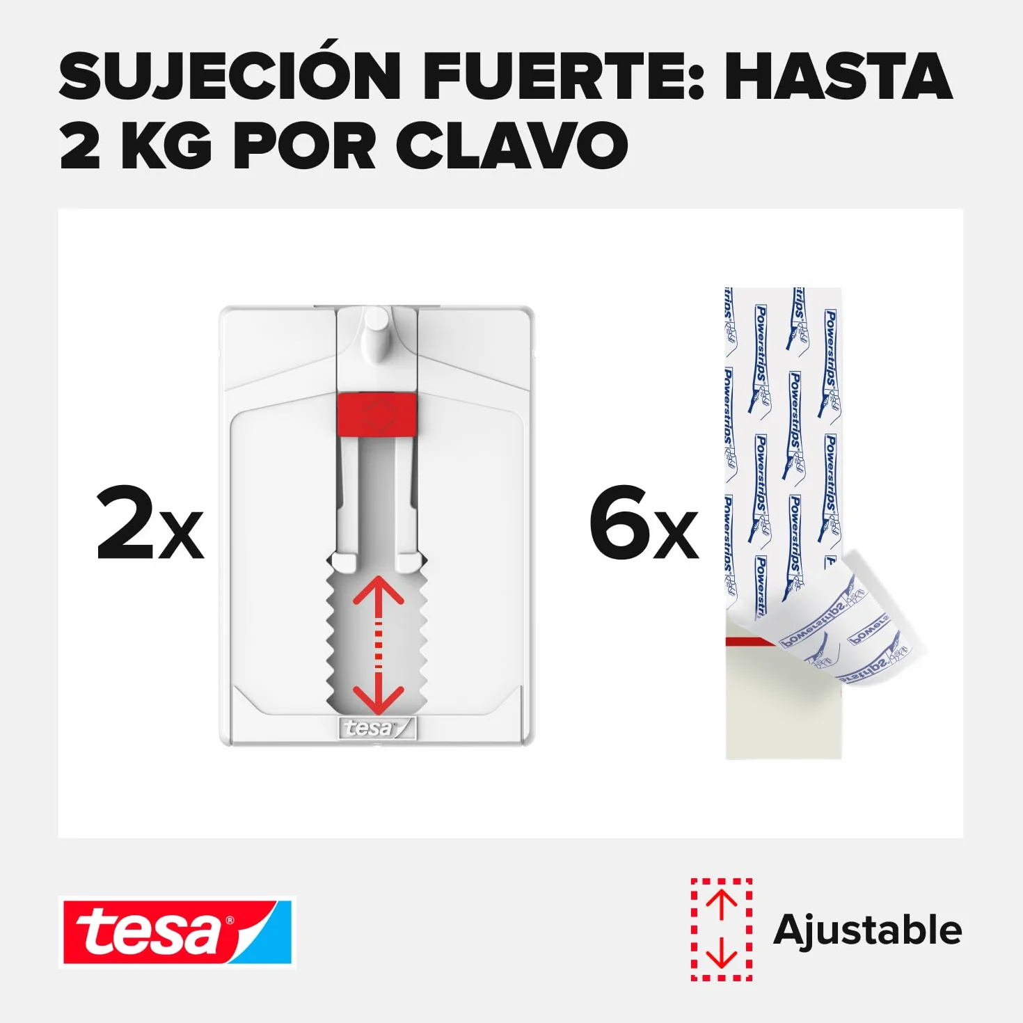 tesa Clavo Adhesivo Ajustable para Paredes Pintadas y Yeso 2 kg, Colgador con Altura Ajustable Sin Perforaciones, Paquete con 2 Clavos Adhesivos y 6 Tiras