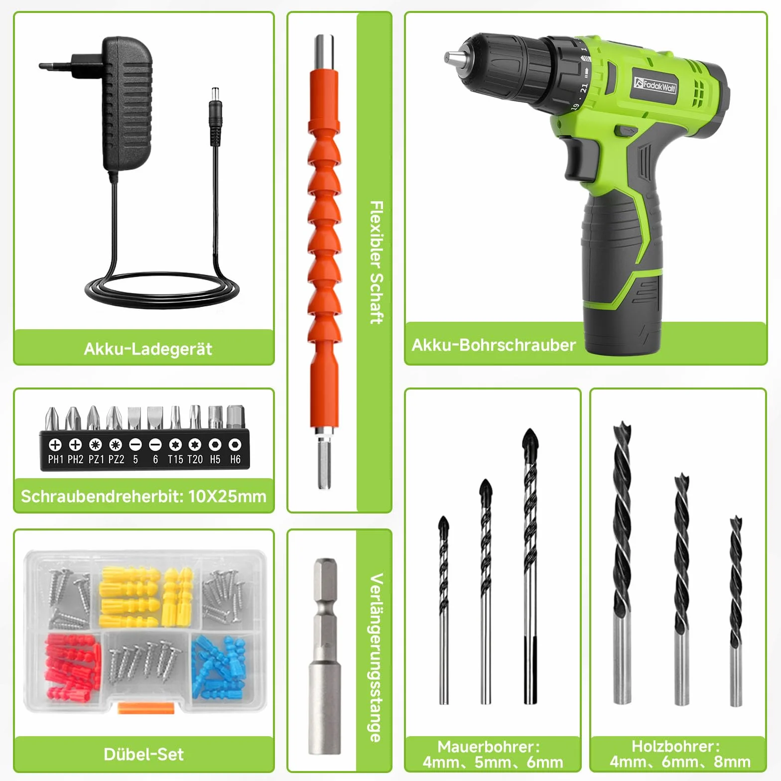 FADAKWALT Taladro Atornillador Batería 12V, Taladro Inalámbrico Juego de 50 Piezas, 19 Nm, 21+1 Ajustes de Par, Luz LED, Atornillador Bateria para Bricolaje en Casa y Jardín (Verde)