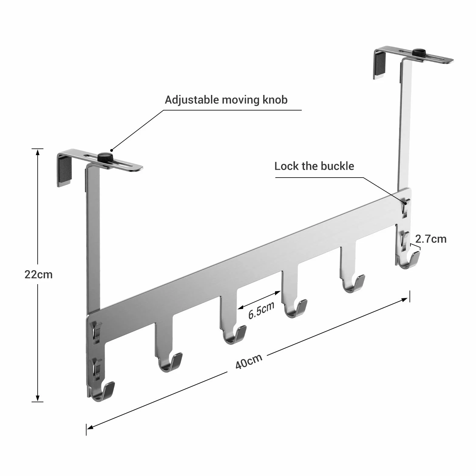 Luxear Perchero Puerta Baño sin Taladrar, Colgador Puerta Ajustable de Acero Inoxidable con 6 Ganchos, MAX 20KG, Percha Puerta para Dormitorio Baño Cocina, Puerta 1-5 cm