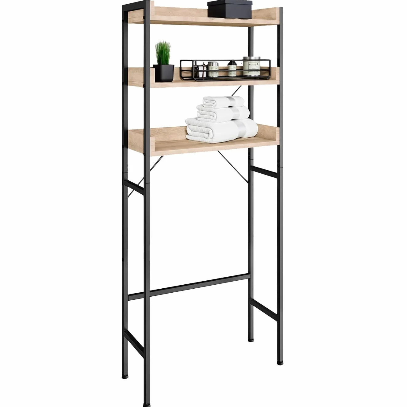 Estanteria baño Estilo Industrial Tres Estantes Compacto Ajustable Antivuelco Montaje Rápido 165,5x25x67cm Madera Roble Sonoma