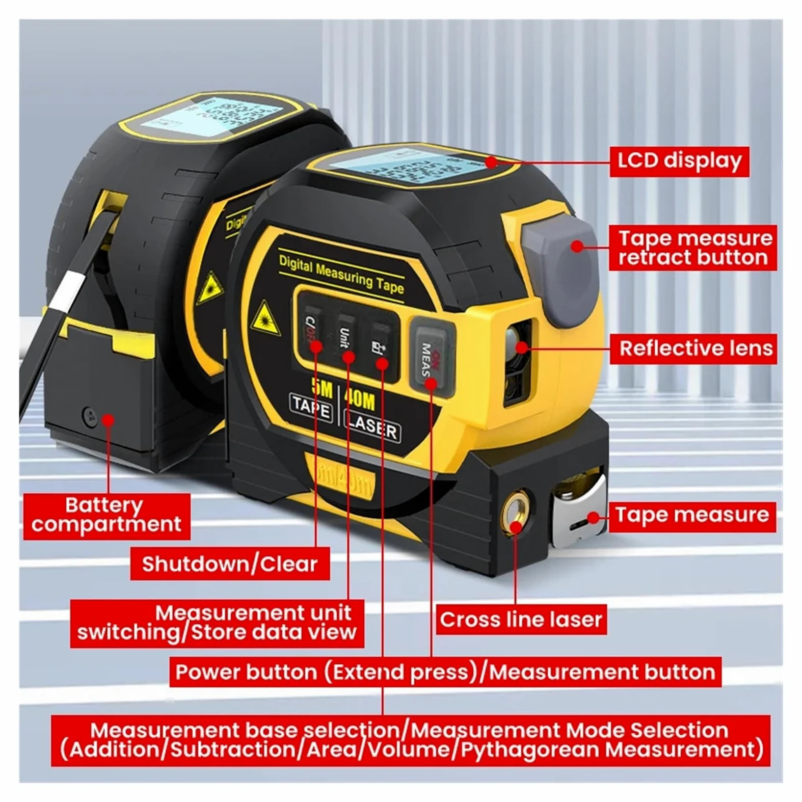 Cinta Métrica 3 En 1, Cinta Métrica Digital, Telémetro De Alta Precisión, Cinta Métrica De Acero, 1 Ud.(60m)