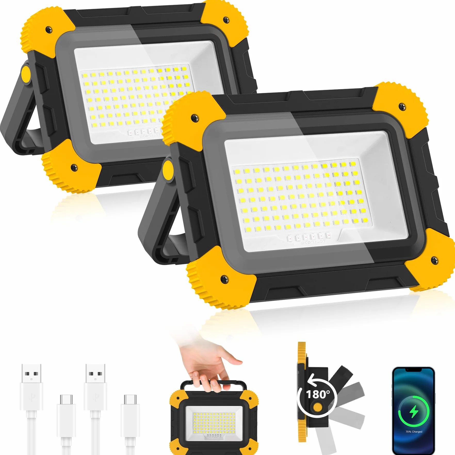 NATPOW Foco LED Recargable, Luz LED Trabajo Portátil con Baterías, 5 Modos Foco con Cable USB, Lámpara de Camping Magnético para Obras, Garaje, Taller Emergencia, 2 unidades