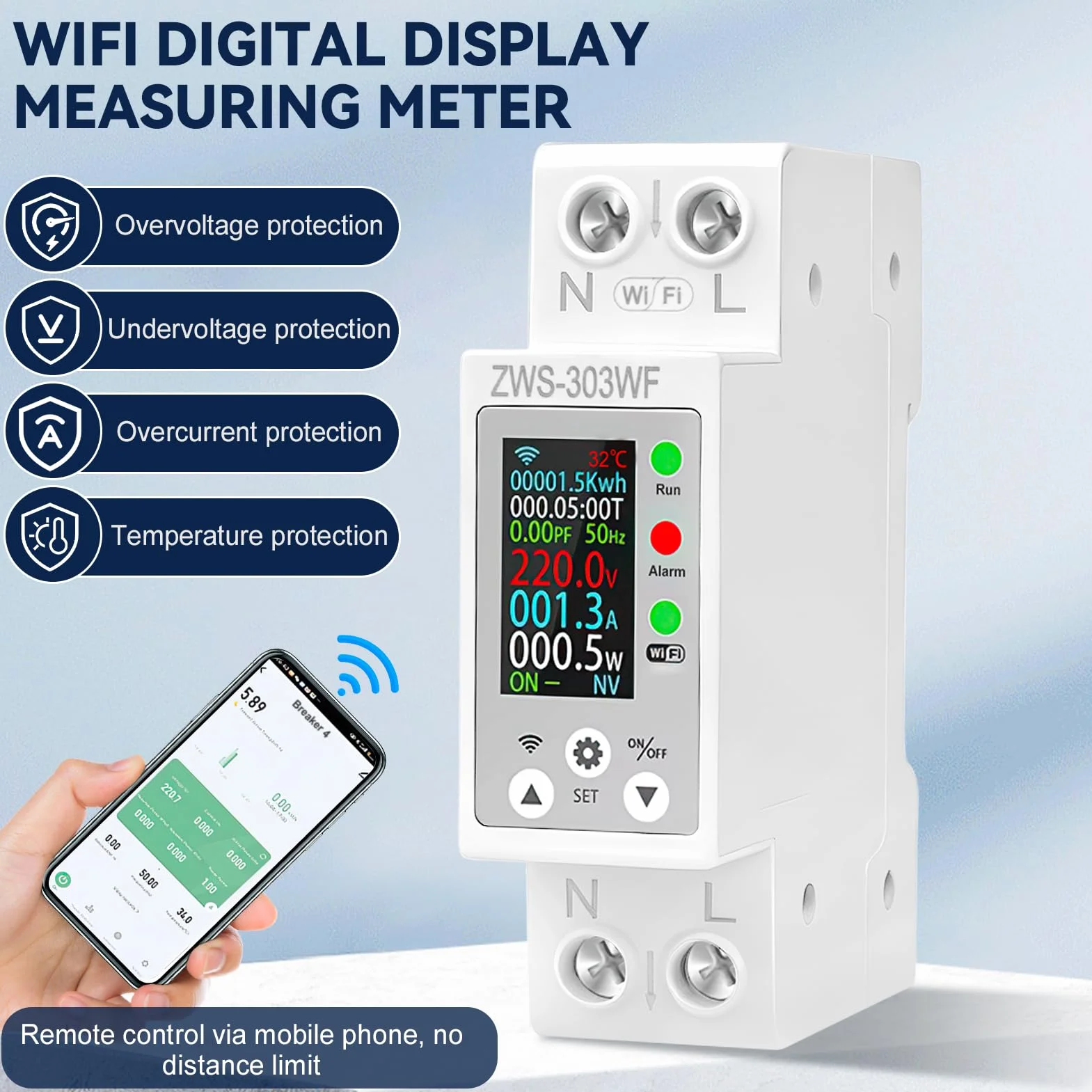 Medidor de Consumo Electrico WiFi Contador Electrico Carril Din AC 80-300V/63A Medidor Consumo Electrico Multifuncional Pantalla Digital Sobretemperatura Sobrecarga de Corriente Sobrecarga