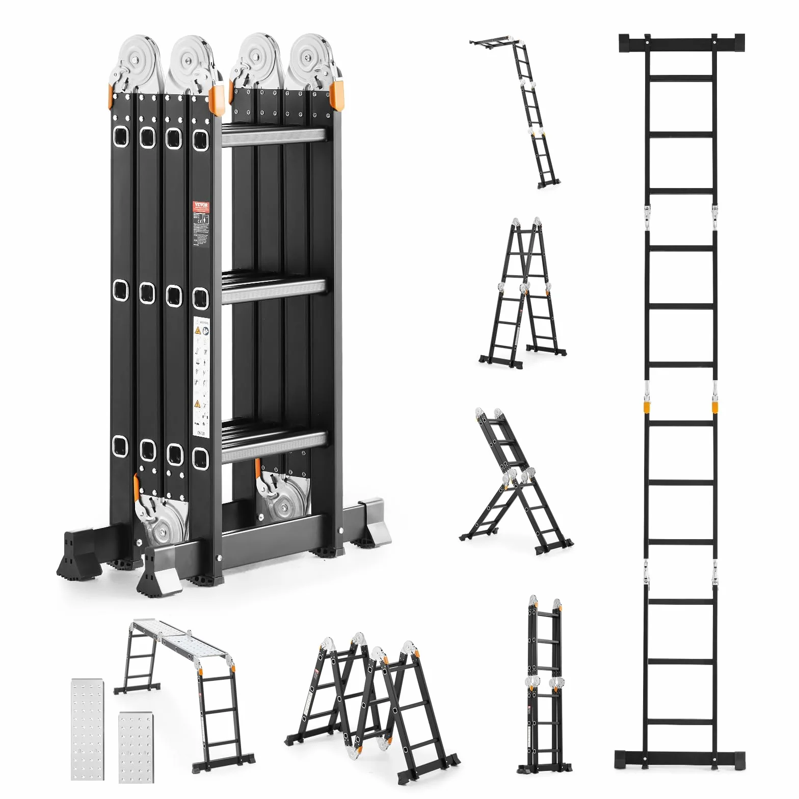VEVOR Escalera Plegable Multiusos, Escalera Extensible Alta 7 en 1, Estructura en A de 3 Escalones con Tablones de Andamio, Capacidad de 149,7 kg para el Hogar y el Exterior, 1170 x 608 x 1730 mm