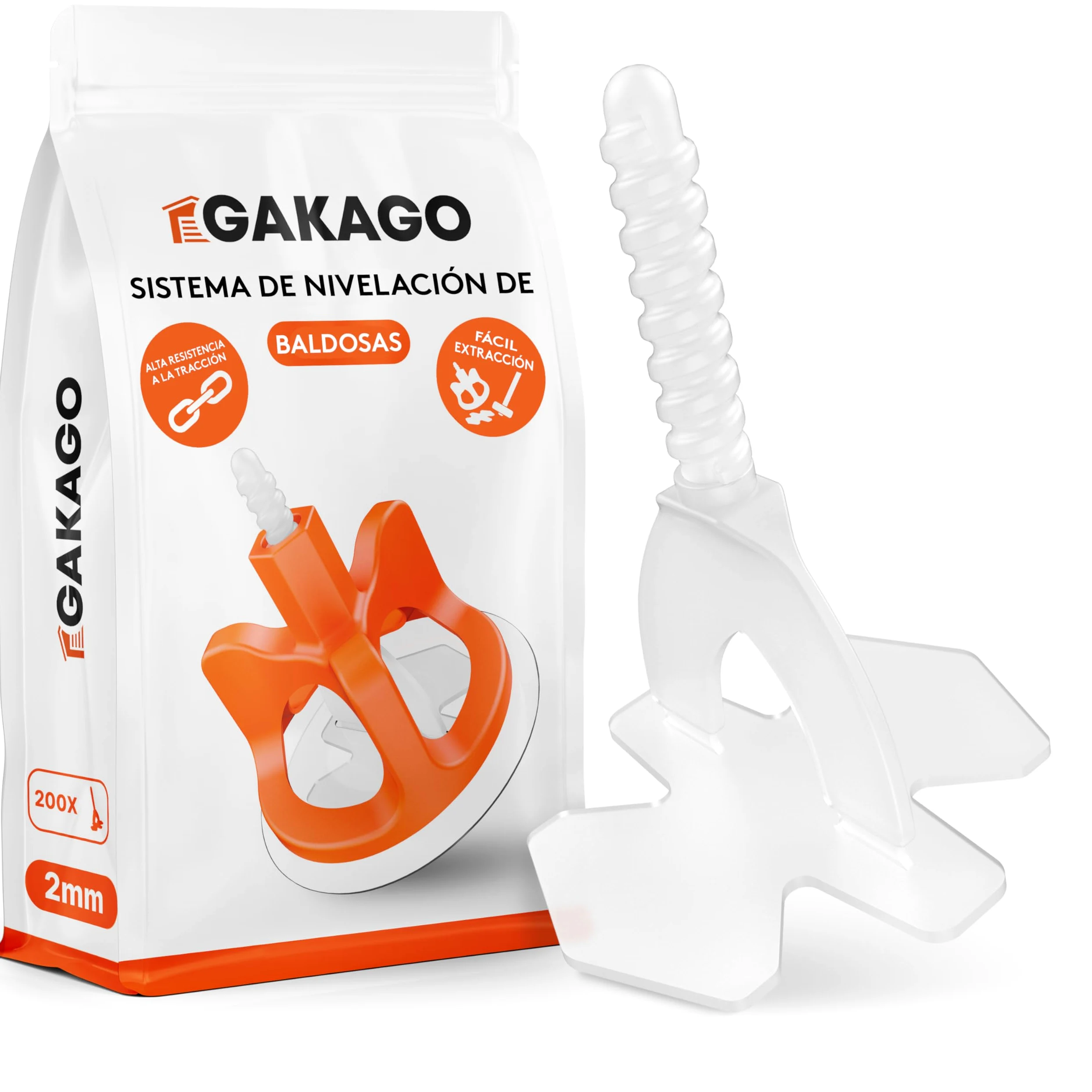 Gakago Sistema de nivelación de baldosas 200 tacos roscados de 2 mm - Ayuda a la colocación para un patrón de juntas perfecto - Gama superior para grosores de baldosa de 3-18 mm