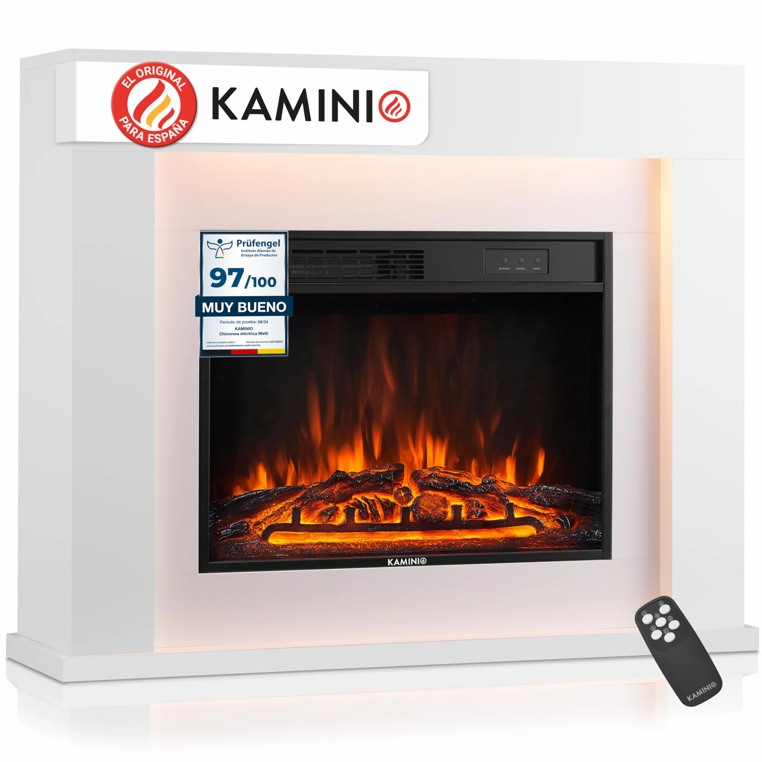 KAMINIO Chimenea eléctrica Matti - Estufa de pie con calefacción, Efecto de Llama 3D, Luz Ambiental LED, Control Remoto - 38 Pulgadas (Blanco)