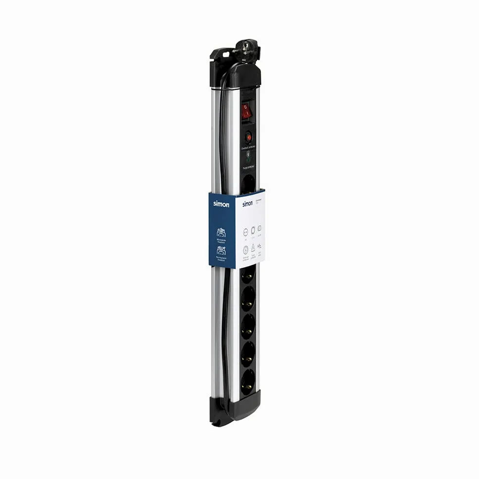 SIMON - Enchufe Múltiple Extrapower, Ladrón de Enchufes con Interruptor, 8 Tomas Schuko 16 A 250V, Protección de Sobretensiones y Cable 1,5M, Color Aluminio