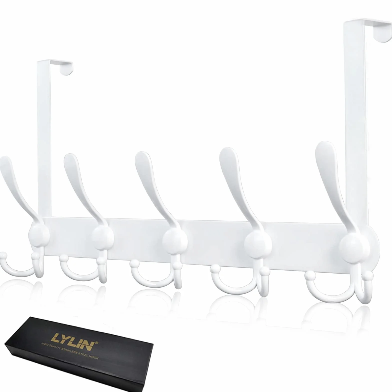 LYLIN Perchero Puerta, Colgador Puerta en Acero Inoxidable con 15 Ganchos, para Marco de 2 cm de Grosor, Ganchos de Perchero para Dormitorio Baño Pasillo y Cocina Blanco