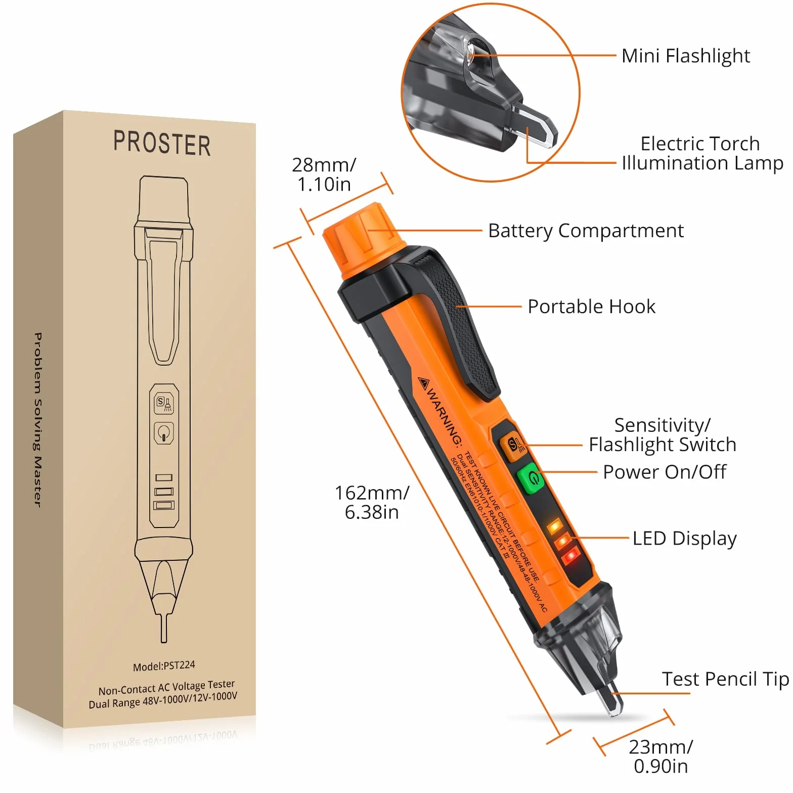 Proster Detector de Voltaje sin Contacto 12-1000V/48V-1000 Probador de Voltaje AC con Sensibilidad Ajustable Alarma Linterna LED