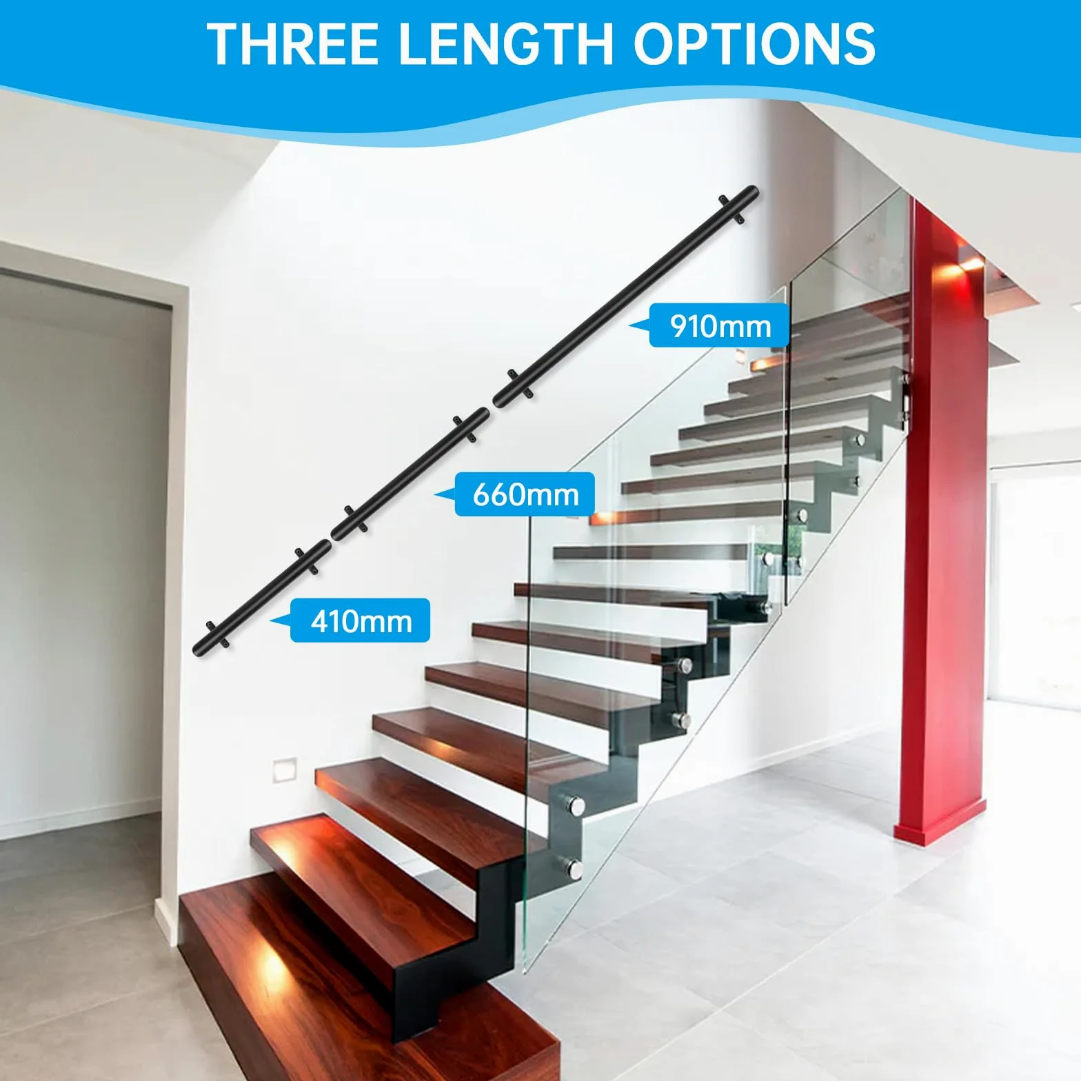 Pasamanos negro con recubrimiento en polvo 41cm Barandilla metálica para interior/exterior Ø32mm – Asidero de seguridad para garaje, sótano, terraza, escaleras, barandillas – Interior/exterior