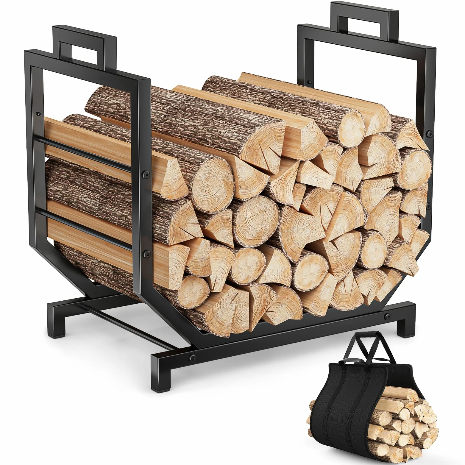 Leñero en Forma de U Reforzado Leñero Interior Exterior Metal 250lbs 4 Patas con Bolsa Transporte para Chimenea Jardín 43x53x33cm Negro Antideslizante
