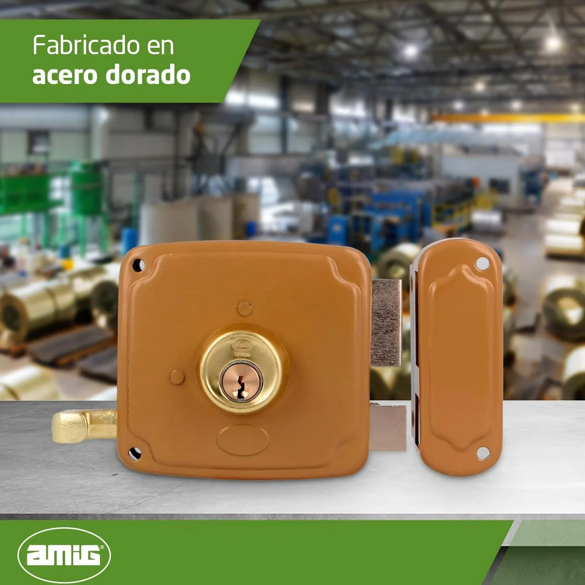 Amig - Cerradura de Sobreponer de Derecha con Palanca de Cierre, Lengüeta y Tirador - Acero Dorado - Medida: 100 x 95 mm - Ideal para Puertas de Madera de Entrada o de Paso