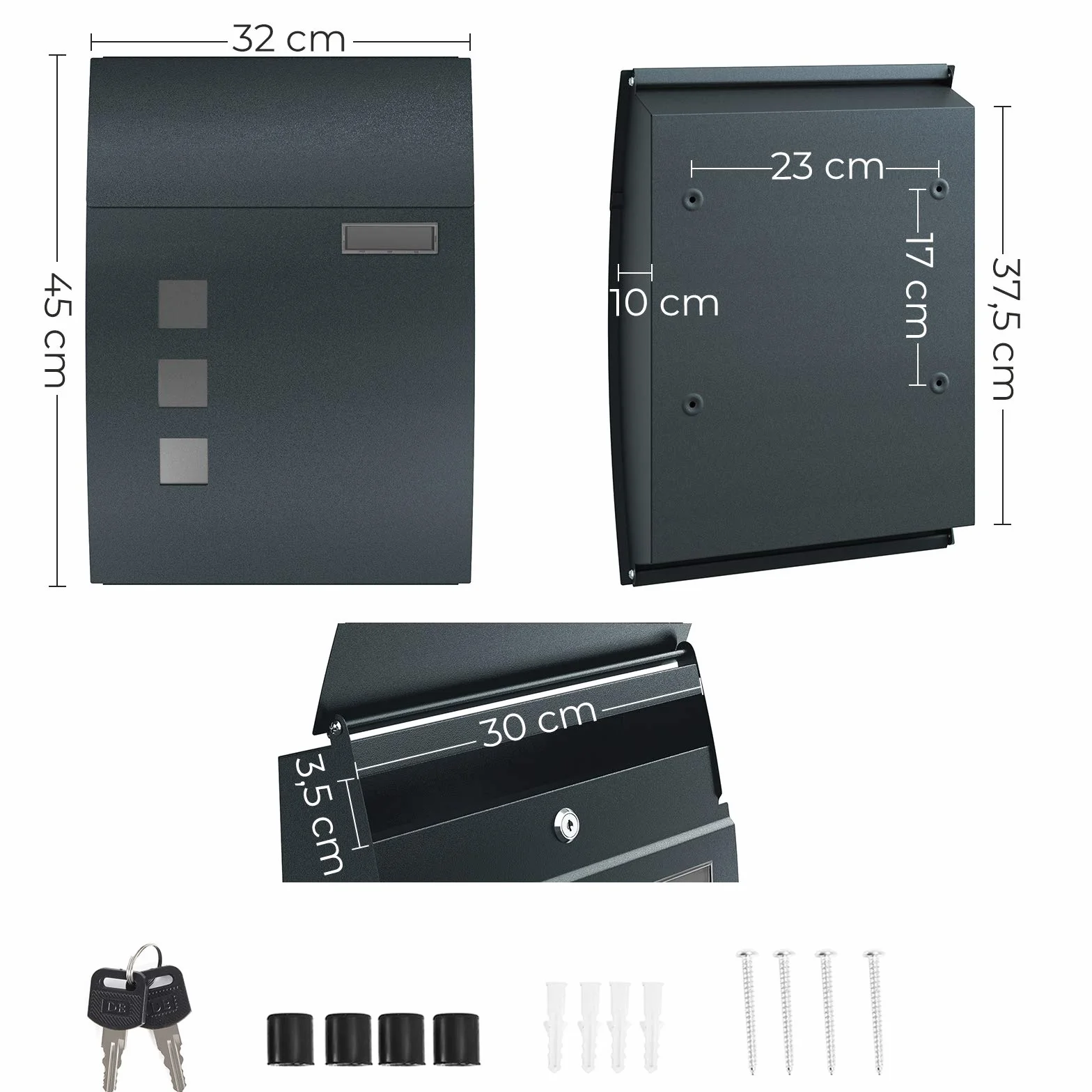 SONGMICS Buzón de Pared, con Ventanas de visualización, Ranura para Nombre, 2 Llaves, fácil de Instalar, Gris Antracita GMB030G02