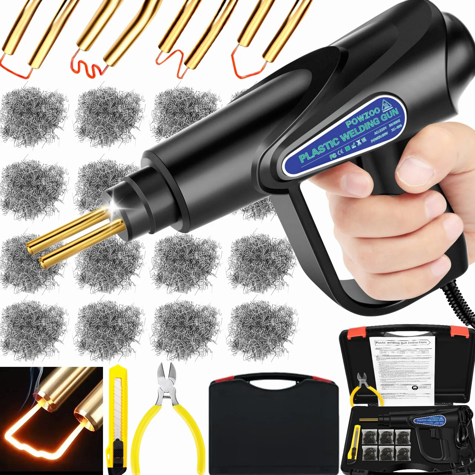 80W Soldador de Plástico,con 800Pcs 6 Tipos Grapas,alicates y cuchillos pequeños, Plástico Soldadura Máquina,Kit de Soldadura para Reparación de Parachoques.