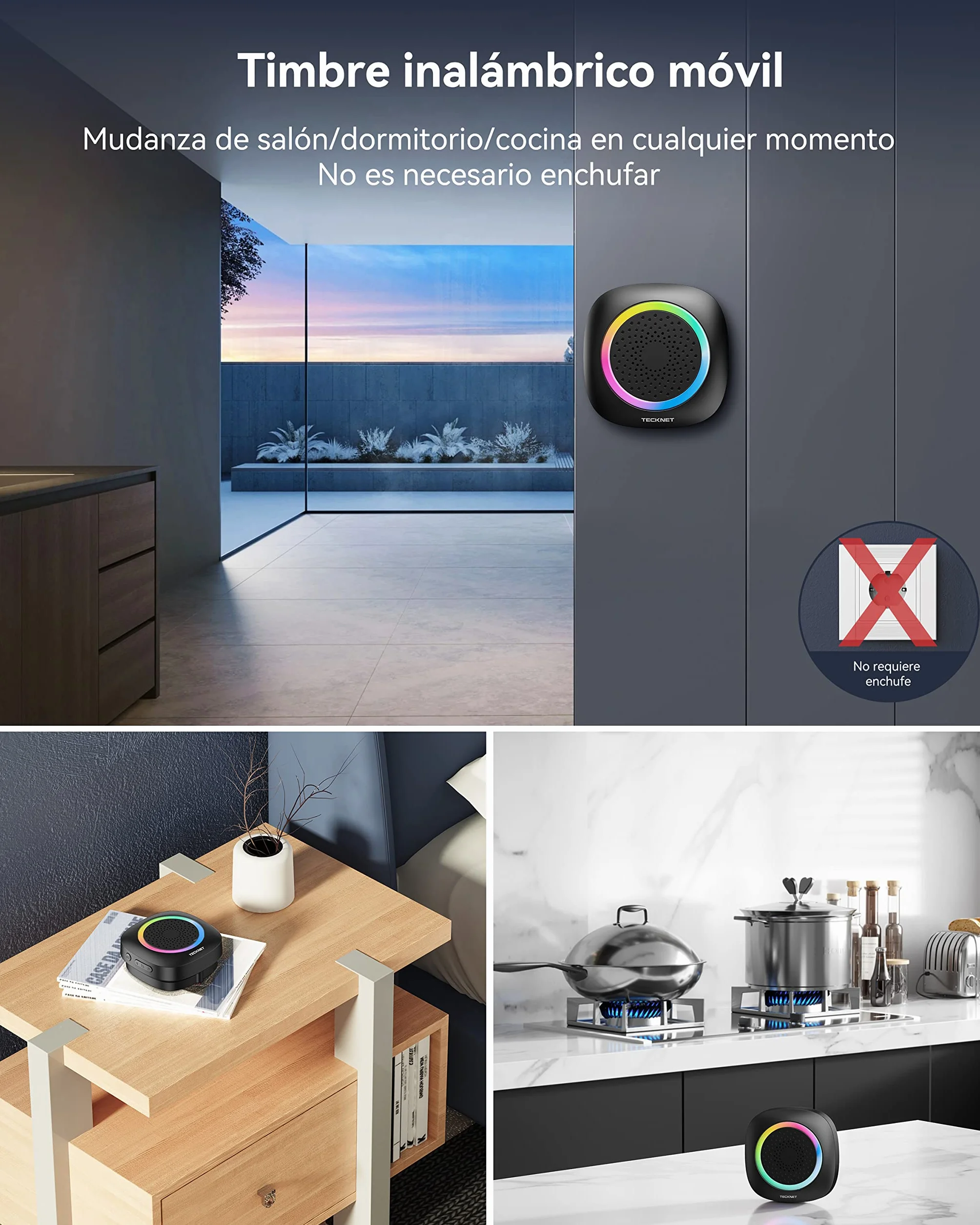 TECKNET Timbre Inalambrico Exterior, RGB Timbre Inalámbrico Exterior Impermeable IP66 con 2 Receptores, 400M Alcance, 5 Niveles de Volumen y 60 Melodías, Doorbell al Estilo de la Batería, Portátil