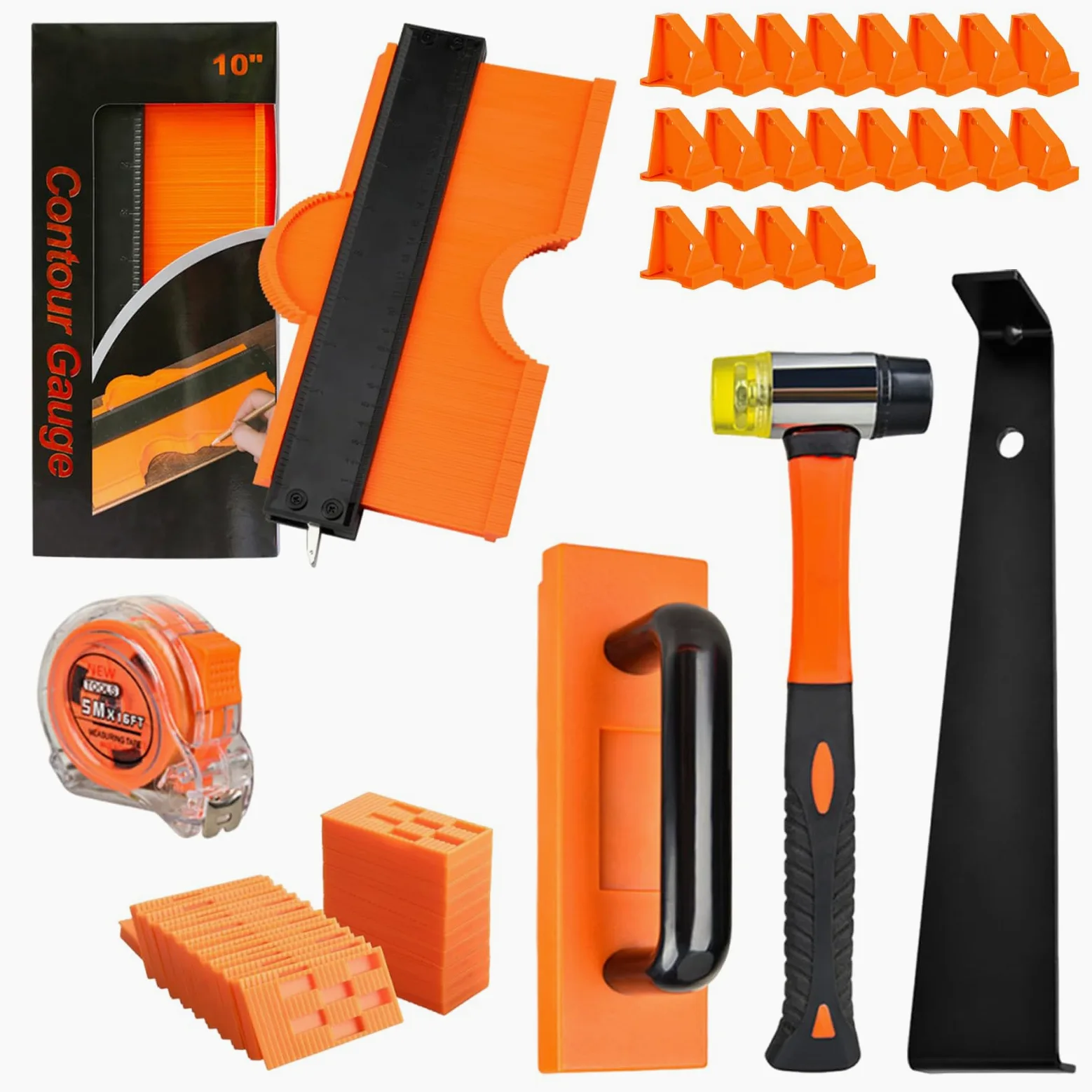 Kit de instalación de suelos de madera, 65 herramientas de suelo laminado con espaciadores, mazo de goma, bloque de golpeo, barra de tracción, cinta métrica de contorno, kit de suelo laminado