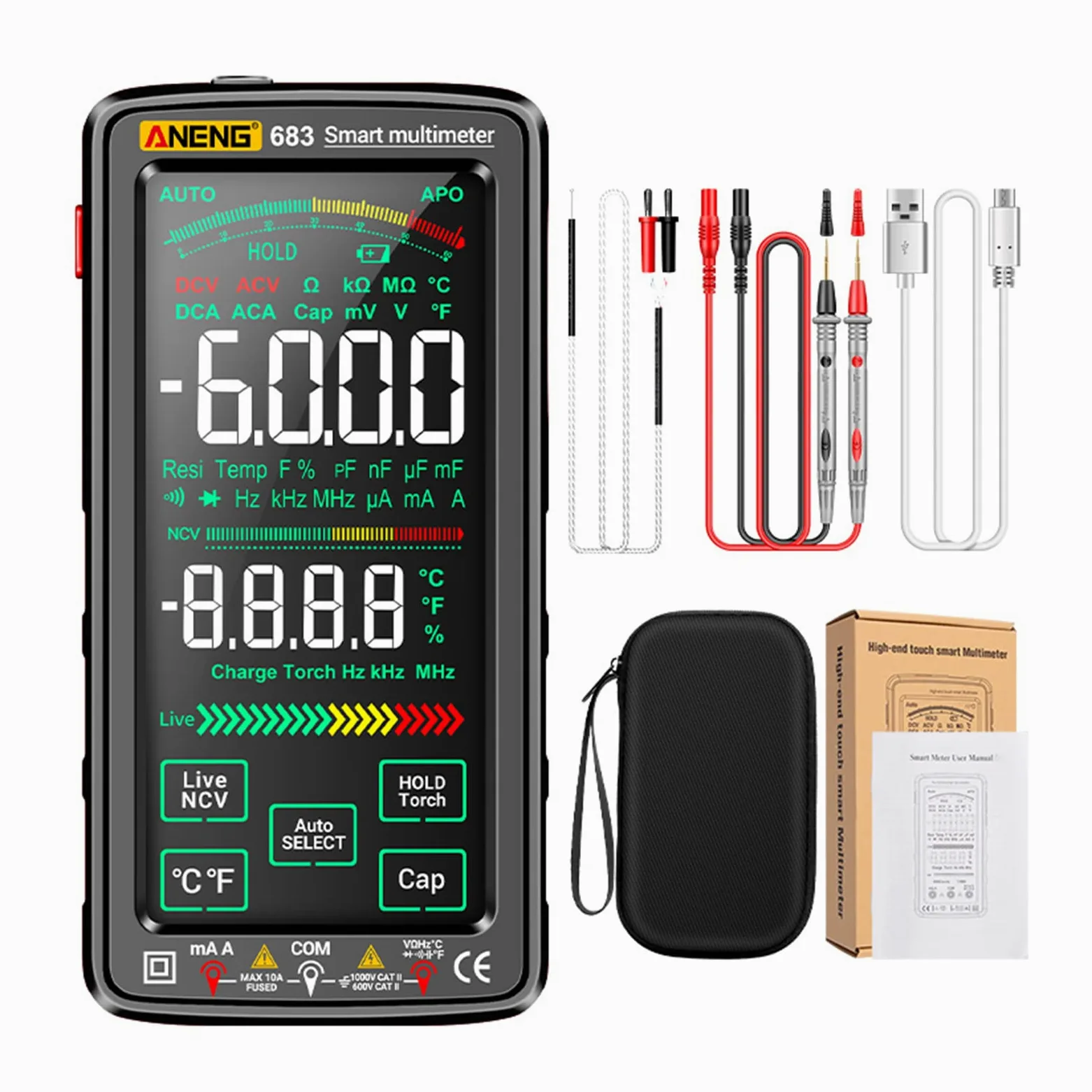 Irfora 683 6000 Cuentas Gran Multimetro Digital de Pantalla Táctil Inteligente Anti-Quemadura Recargable Medidor Universal Inverso de CA Display NCV con Linterna para Voltaje, Corriente, Resistencia,