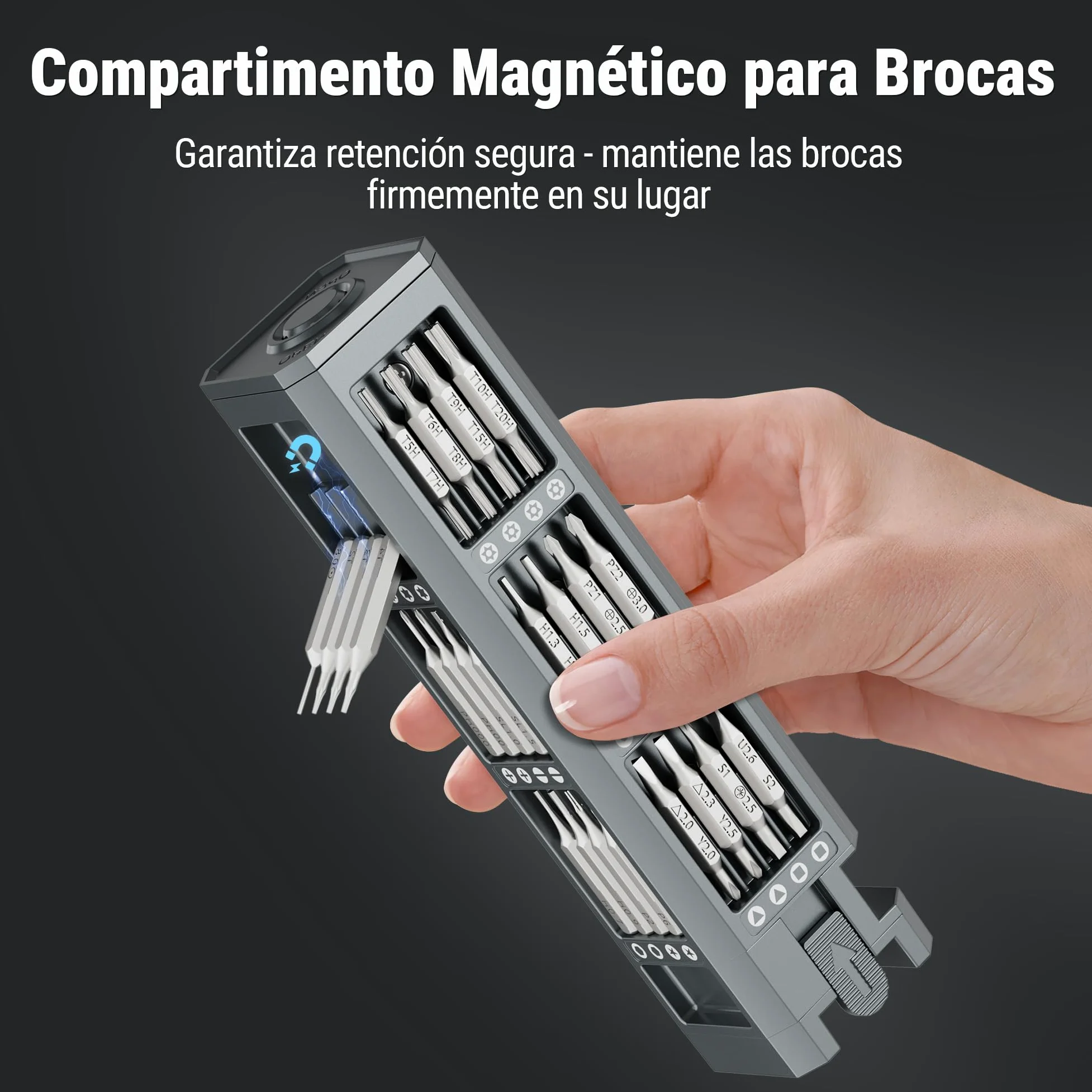 WORKPRO Destornilladores Precisión 60 en 1, Puntas Magnéticas CR-V | Estuche Compacto de Aluminio con Mango Giratorio para Reparar Electrónica, Gafas, Relojes y Móviles
