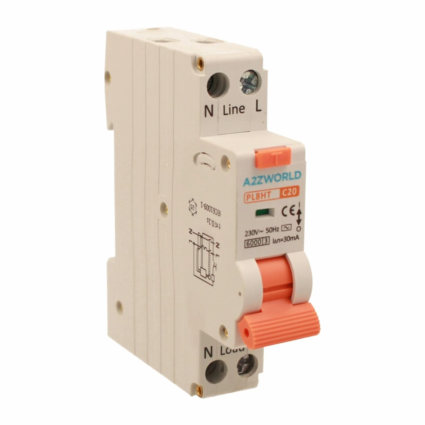 Interruptor magnetotérmico diferencial, 1P+N Tipo AC Curva C 220V, Ocupa 1 módulo DIN, RCBO 1P+N 6kA 30mA C20 20A