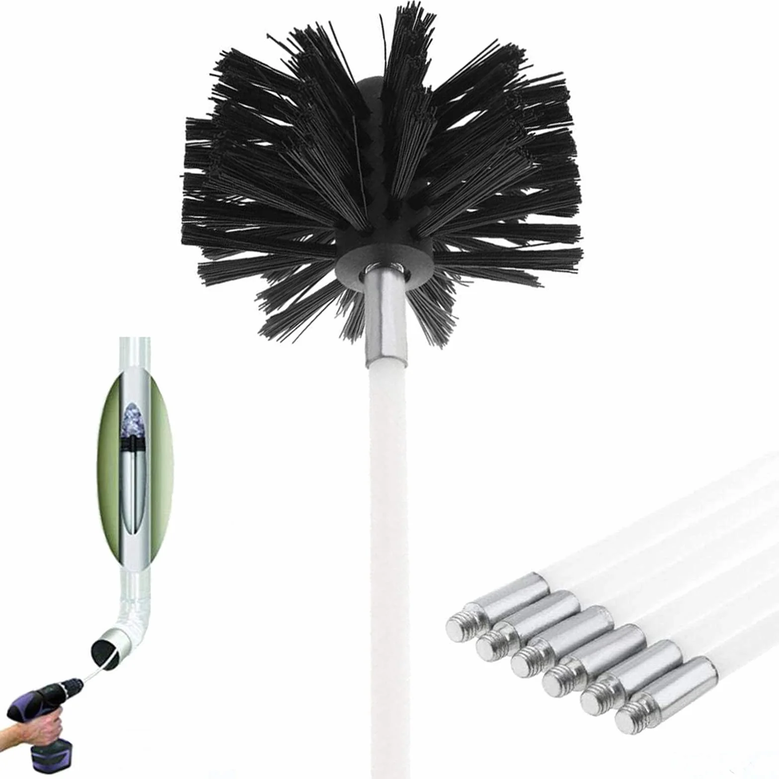 Cepillo para Chimenea, Cepillo para Limpiar Chimeneas para Limpieza Chaminé Conductos Ventilacióntubería Hollin, Tubos de Estufa(6 Varillas &1 Cabezales Cepillo/Uso con o sin Taladro eléctrico)