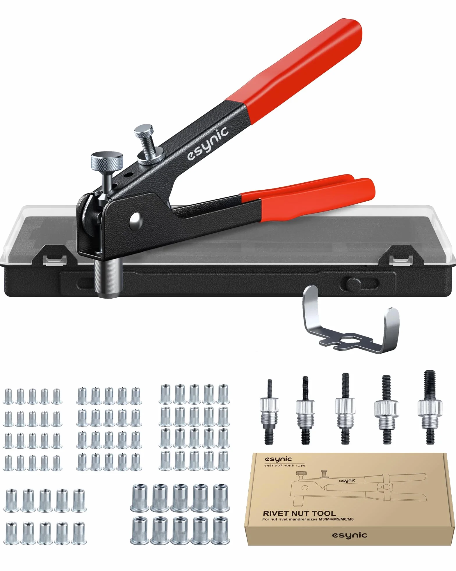 eSynic Remachadora con Remaches de 86 Piezas Pistola Remachadora Profesional con M3, M4, M5, M6, M8 Tuerca de Remache Herramienta Robusta y Ergonómica para Trabajos de Reparación