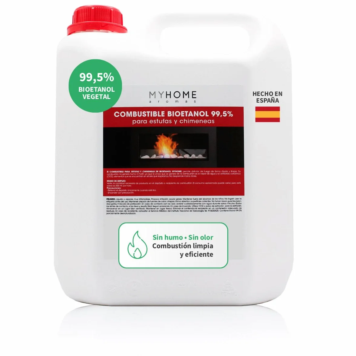Bioetanol 99,5% Origen Vegetal 5 litros Myhome. Sin Olor ni Humo, para Estufas y chimeneas.