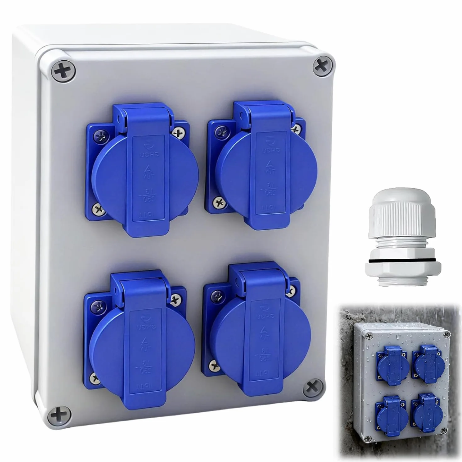 Distribuidor de pared para construcción, con 4 enchufes de 230 V 16 A, enchufe Schuko, IP44 para obras, hogares, industria, interior y exterior