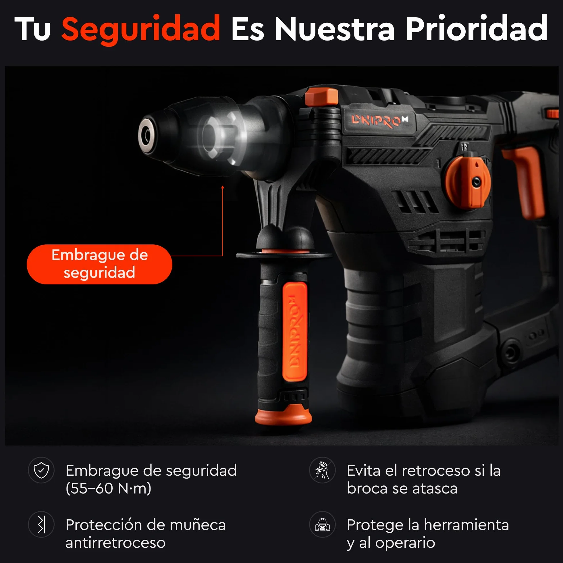 Martillo Perforador SDS Plus 1650W 5,5J, Taladro Percutor Profesional 4 Modos, Velocidad Variable, Sistema Antivibración, Embrague de Seguridad R-Control, Ø36 mm Hormigón, Cable 4 m, BH-20