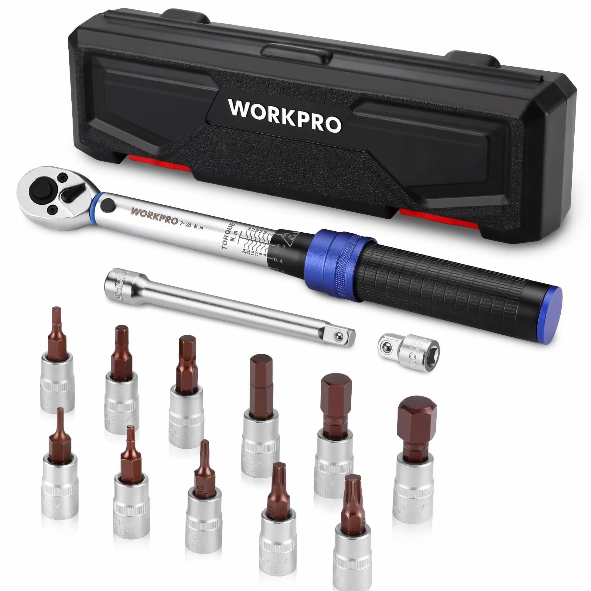 WORKPRO Llave Dinamométrica, 1/4", 2-26Nm, 14 Piezas | Precisión de ±3%, Carraca de 72 Dientes con Barra de Extensión para Bicicletas, Motos y Automóviles