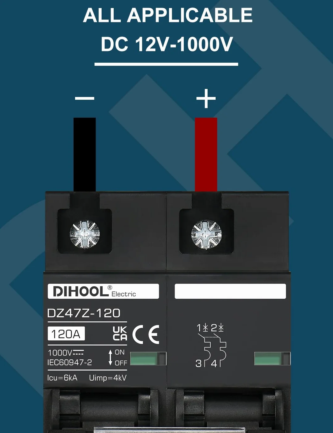 DIHOOL Disyuntor de corriente continua 1000VDC disyuntor PV solar fusible fotovoltaico automático (DC1000V,2 polo 125A)